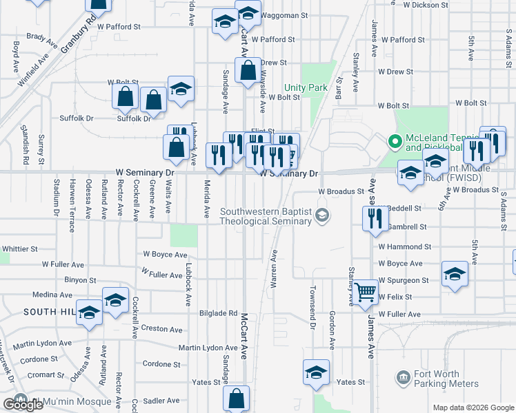 map of restaurants, bars, coffee shops, grocery stores, and more near 4363 Wayside Avenue in Fort Worth