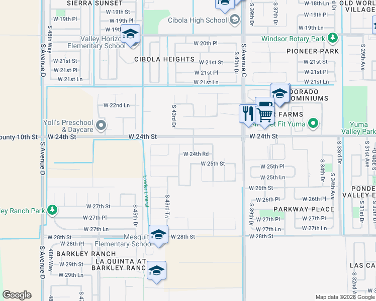 map of restaurants, bars, coffee shops, grocery stores, and more near 4269-4499 West 24th Street in Yuma