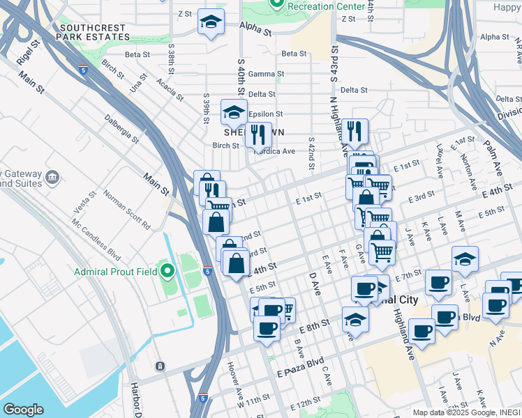map of restaurants, bars, coffee shops, grocery stores, and more near 248 Division Street in National City
