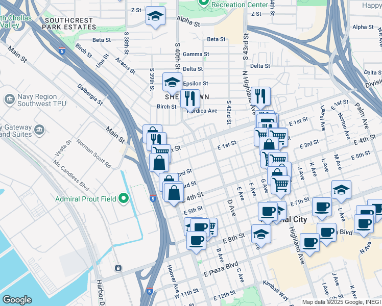 map of restaurants, bars, coffee shops, grocery stores, and more near 248 Division Street in National City