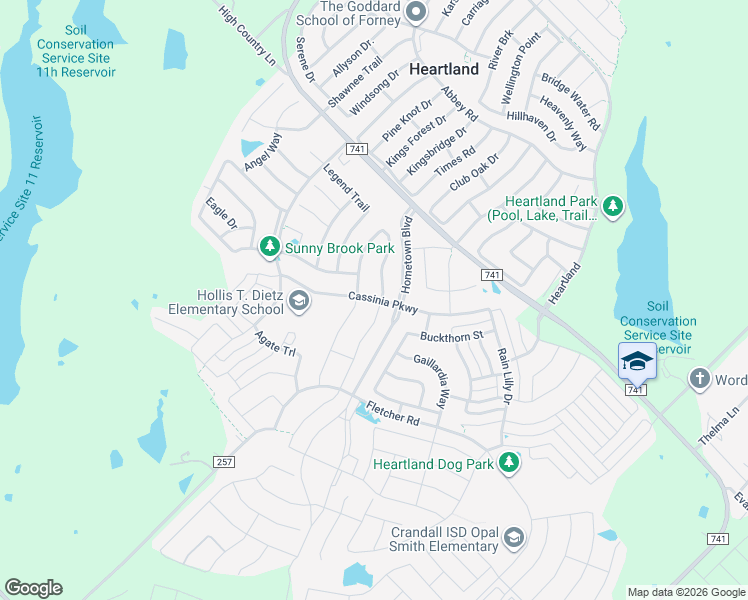 map of restaurants, bars, coffee shops, grocery stores, and more near 2107 Indigo Lane in Forney