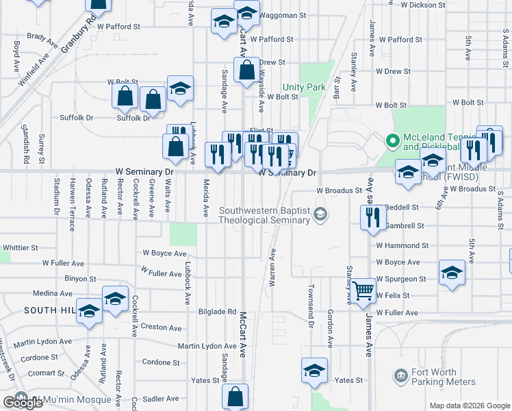 map of restaurants, bars, coffee shops, grocery stores, and more near 4363 Wayside Avenue in Fort Worth