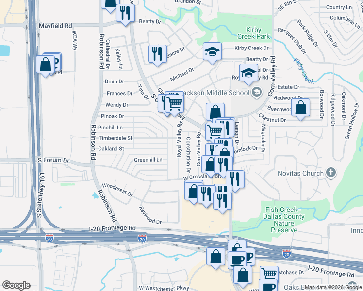 map of restaurants, bars, coffee shops, grocery stores, and more near 3707 Constitution Drive in Grand Prairie