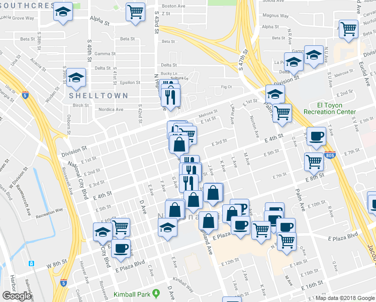 map of restaurants, bars, coffee shops, grocery stores, and more near 303 Highland Avenue in National City