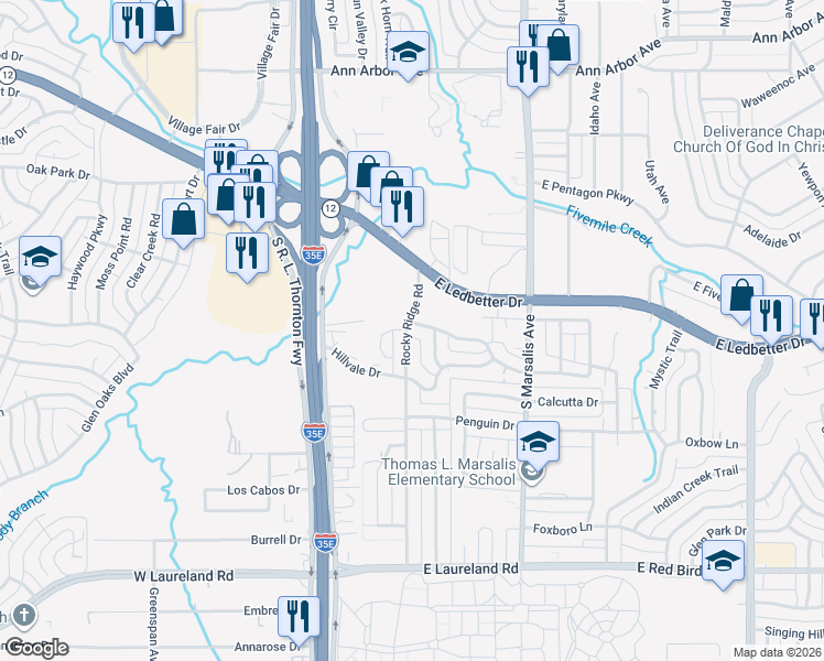 map of restaurants, bars, coffee shops, grocery stores, and more near 20 Rocky Ridge Road in Dallas
