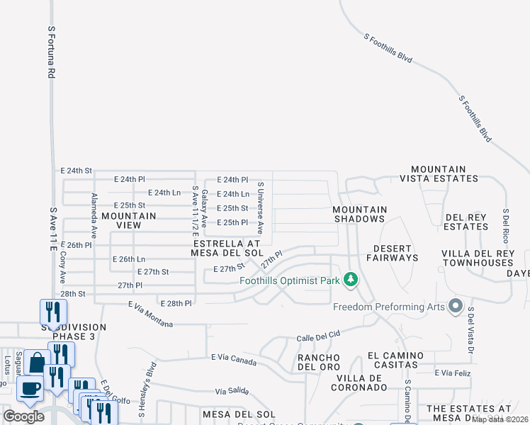 map of restaurants, bars, coffee shops, grocery stores, and more near 10181 South Universe Avenue in Yuma