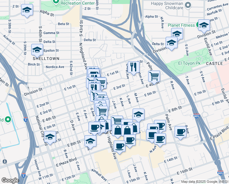 map of restaurants, bars, coffee shops, grocery stores, and more near 2 National City Boulevard in National City