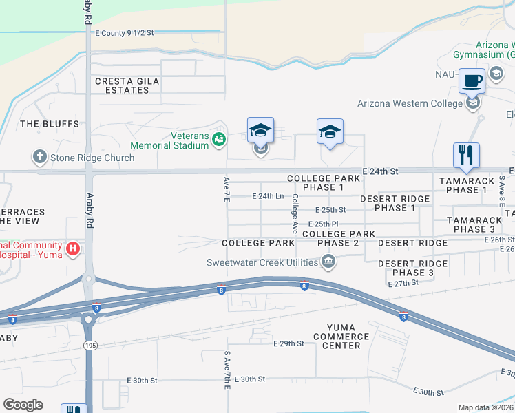 map of restaurants, bars, coffee shops, grocery stores, and more near 7168 East 24th Lane in Yuma
