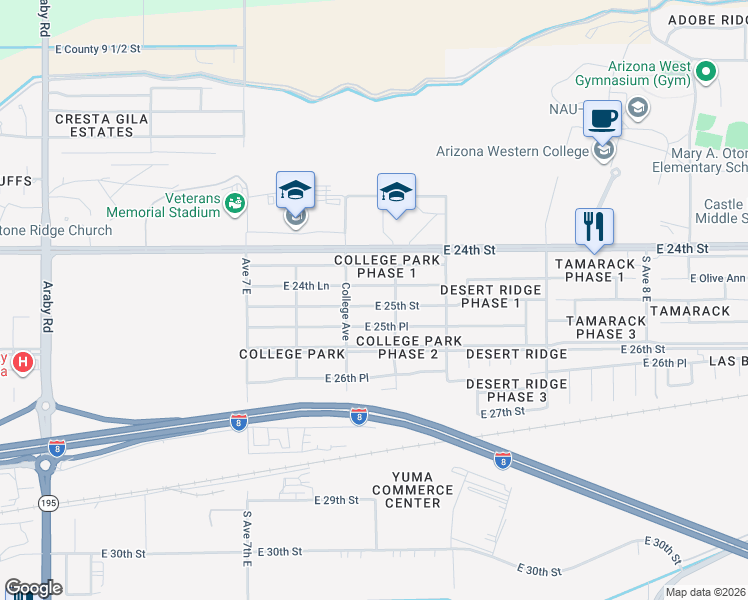 map of restaurants, bars, coffee shops, grocery stores, and more near 7372 East 24th Lane in Yuma