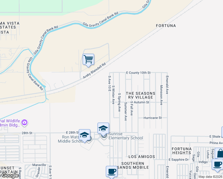 map of restaurants, bars, coffee shops, grocery stores, and more near 10181 South Winter Avenue in Yuma