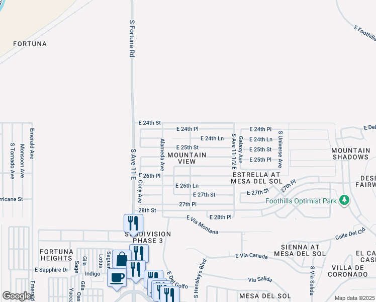 map of restaurants, bars, coffee shops, grocery stores, and more near 11321 East 24th Lane in Yuma