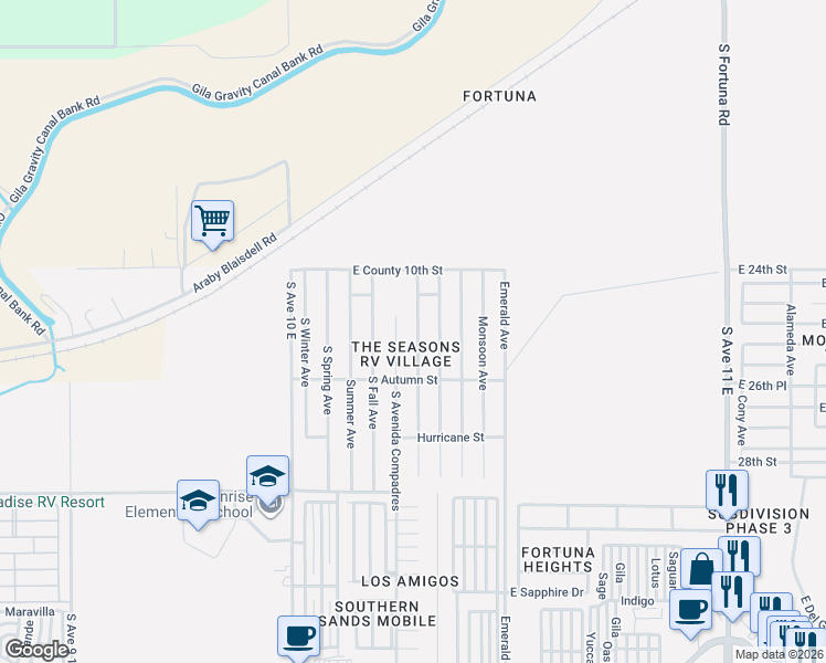 map of restaurants, bars, coffee shops, grocery stores, and more near 10365 South Cyclone Avenue in Yuma