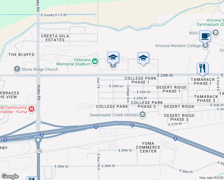 map of restaurants, bars, coffee shops, grocery stores, and more near 7168 East 24th Lane in Yuma