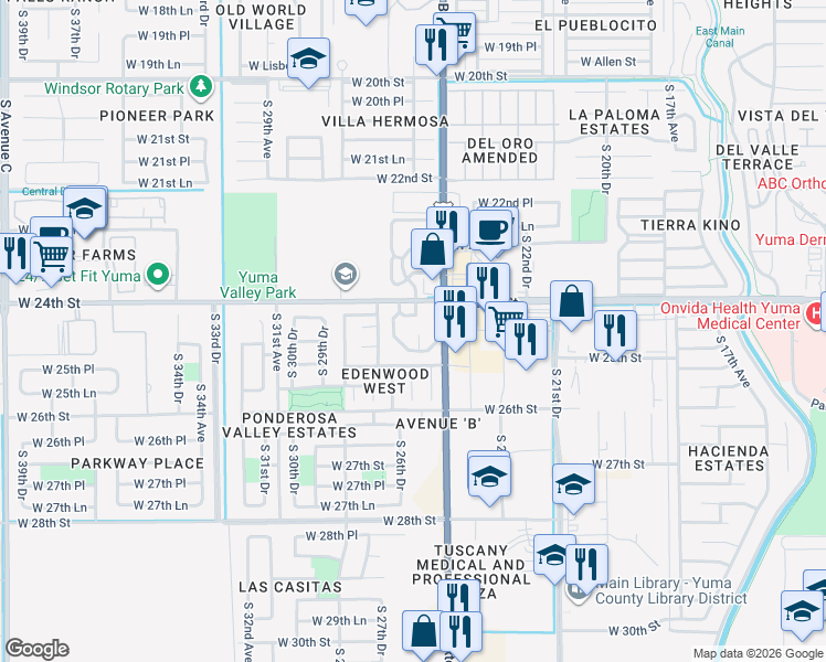 map of restaurants, bars, coffee shops, grocery stores, and more near 2575 West 24th Street in Yuma