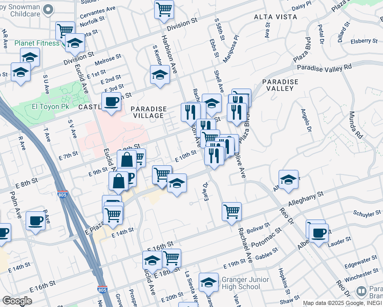 map of restaurants, bars, coffee shops, grocery stores, and more near 3030 East 9th Street in National City
