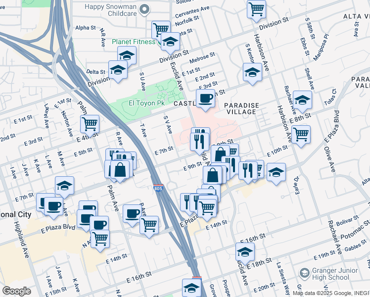 map of restaurants, bars, coffee shops, grocery stores, and more near 2325 East 7th Street in National City