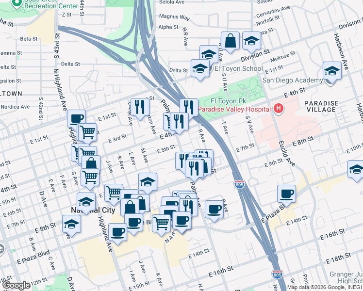 map of restaurants, bars, coffee shops, grocery stores, and more near 433 Palm Avenue in National City