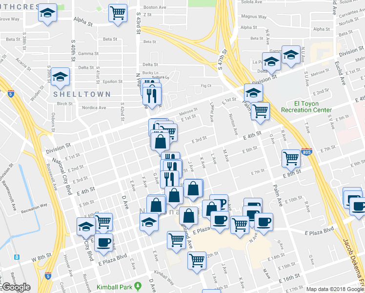 map of restaurants, bars, coffee shops, grocery stores, and more near 928 East 2nd Street in National City