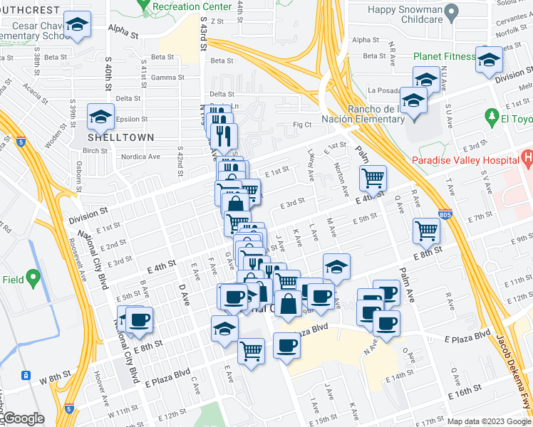 map of restaurants, bars, coffee shops, grocery stores, and more near 928 East 2nd Street in National City