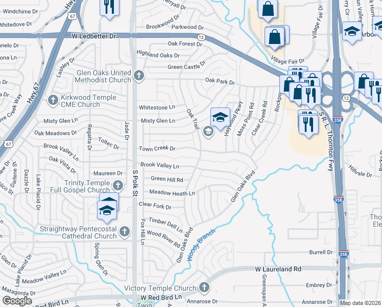 map of restaurants, bars, coffee shops, grocery stores, and more near 623 Town Creek Drive in Dallas