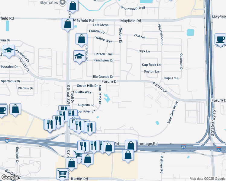 map of restaurants, bars, coffee shops, grocery stores, and more near 2423 Rio Grande Drive in Grand Prairie