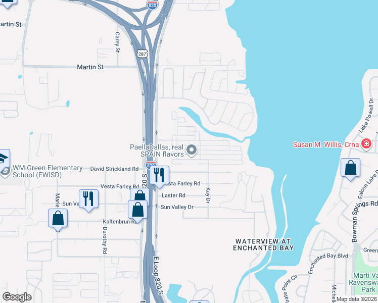 map of restaurants, bars, coffee shops, grocery stores, and more near 5221 East Loop 820 South in Fort Worth