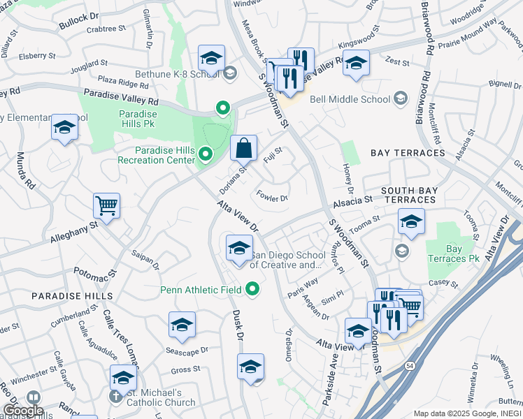 map of restaurants, bars, coffee shops, grocery stores, and more near 2131 Jackam Way in San Diego