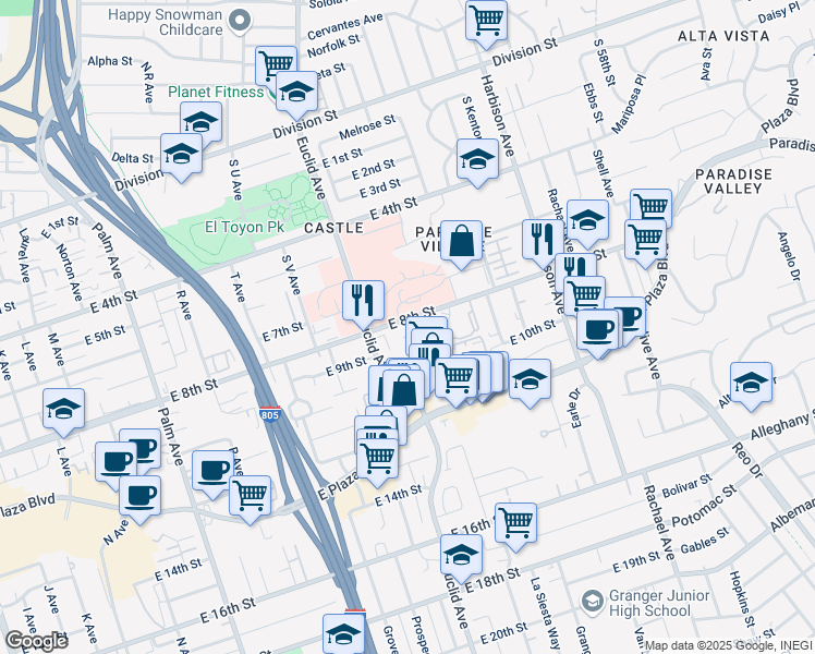 map of restaurants, bars, coffee shops, grocery stores, and more near 2424 East 8th Street in National City