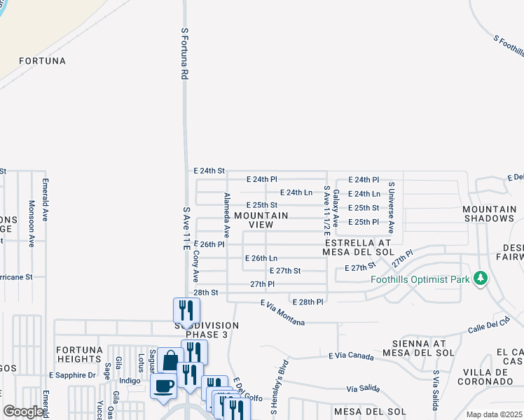 map of restaurants, bars, coffee shops, grocery stores, and more near 11321 East 24th Lane in Yuma