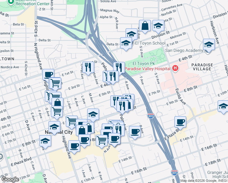 map of restaurants, bars, coffee shops, grocery stores, and more near 433 Palm Avenue in National City