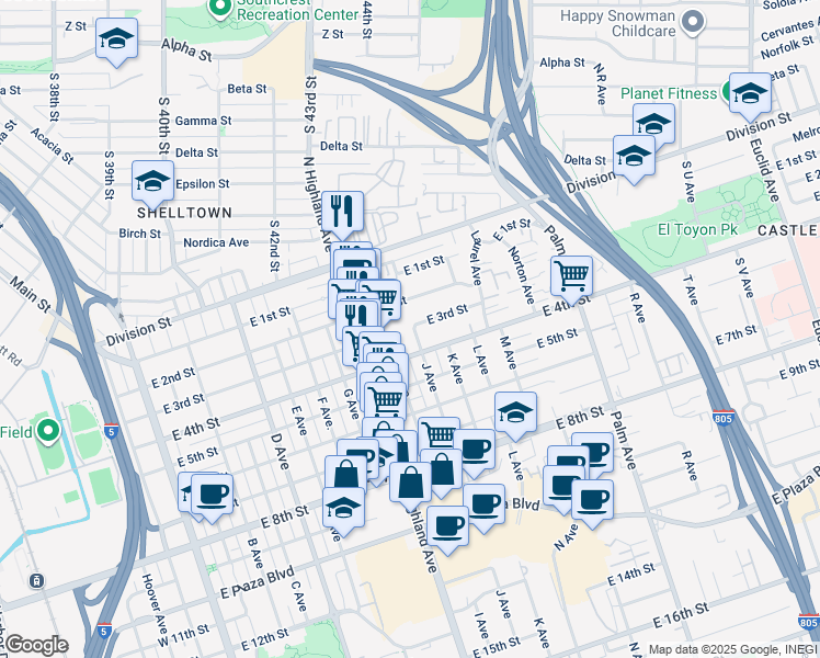 map of restaurants, bars, coffee shops, grocery stores, and more near 312 J Avenue in National City