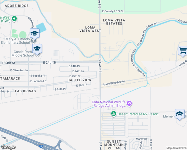 map of restaurants, bars, coffee shops, grocery stores, and more near 8921 East 24th Lane in Yuma