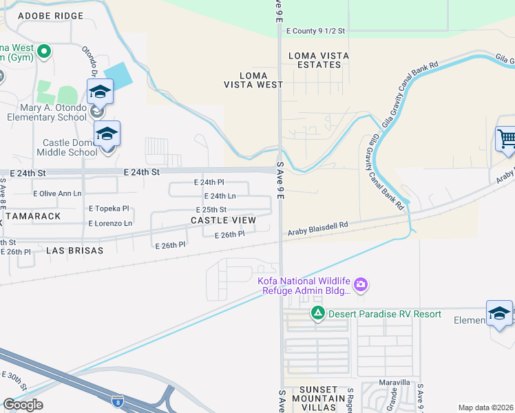 map of restaurants, bars, coffee shops, grocery stores, and more near 8921 East 24th Lane in Yuma