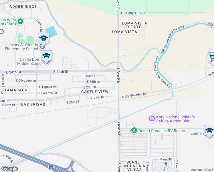 map of restaurants, bars, coffee shops, grocery stores, and more near 8921 East 24th Lane in Yuma