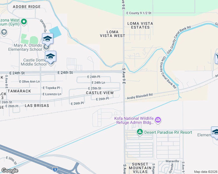 map of restaurants, bars, coffee shops, grocery stores, and more near 8921 East 24th Lane in Yuma