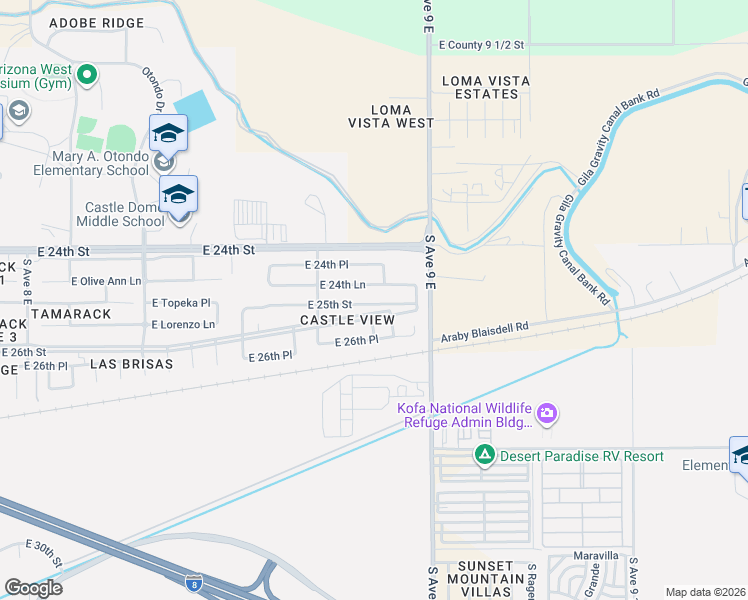 map of restaurants, bars, coffee shops, grocery stores, and more near 8803 East 24th Lane in Yuma
