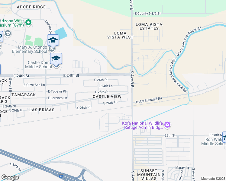 map of restaurants, bars, coffee shops, grocery stores, and more near 8803 East 24th Lane in Yuma