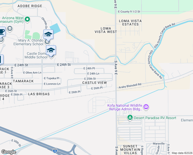 map of restaurants, bars, coffee shops, grocery stores, and more near 8803 East 24th Lane in Yuma