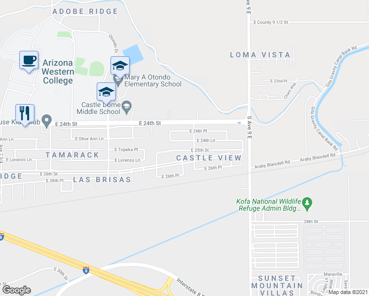 map of restaurants, bars, coffee shops, grocery stores, and more near 8643 East 24th Lane in Yuma