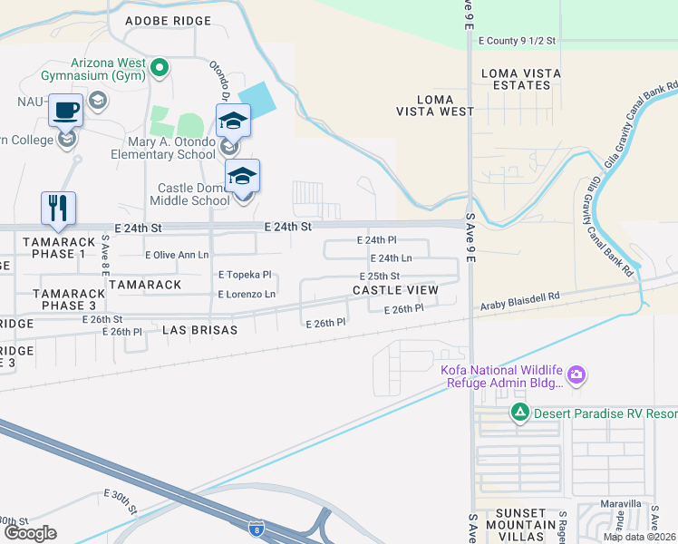 map of restaurants, bars, coffee shops, grocery stores, and more near 8643 East 24th Lane in Yuma