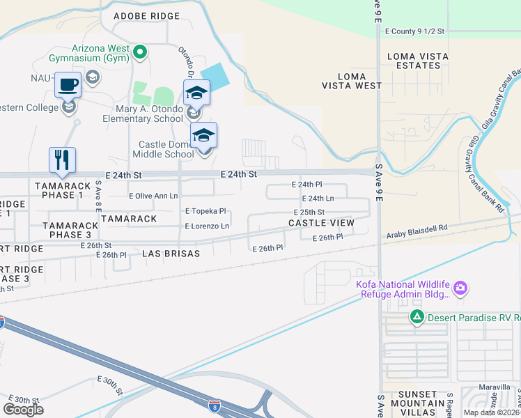 map of restaurants, bars, coffee shops, grocery stores, and more near 2466-2480 South Alexis Drive in Yuma