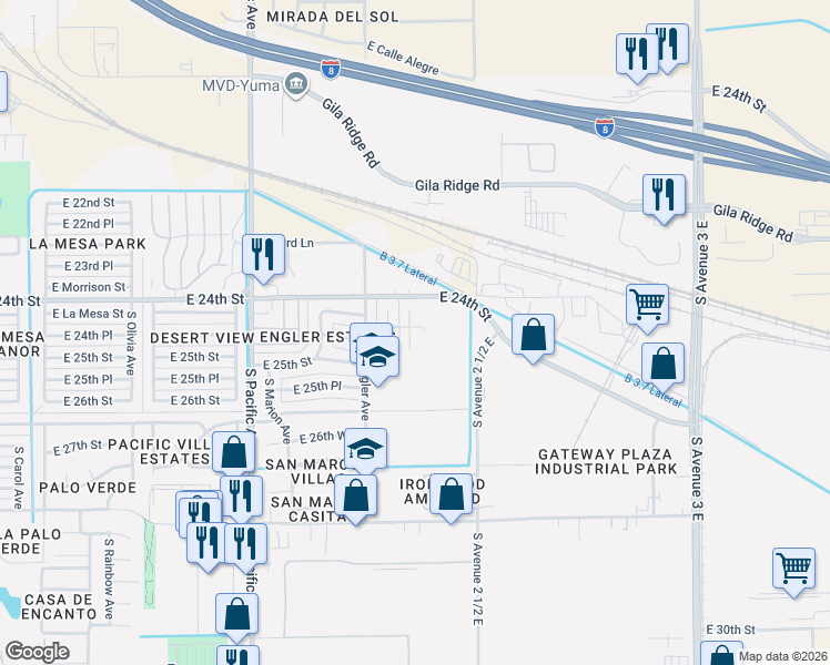 map of restaurants, bars, coffee shops, grocery stores, and more near 2424 South Kathleen Avenue in Yuma