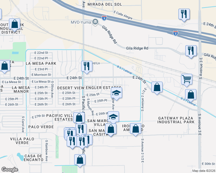 map of restaurants, bars, coffee shops, grocery stores, and more near 2227 East Lorie Lane in Yuma