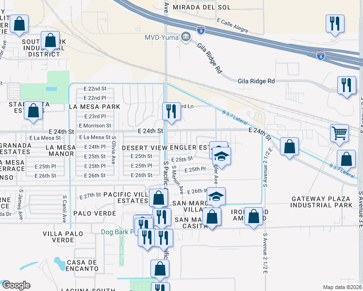 map of restaurants, bars, coffee shops, grocery stores, and more near 2411 East Melody Lane in Yuma