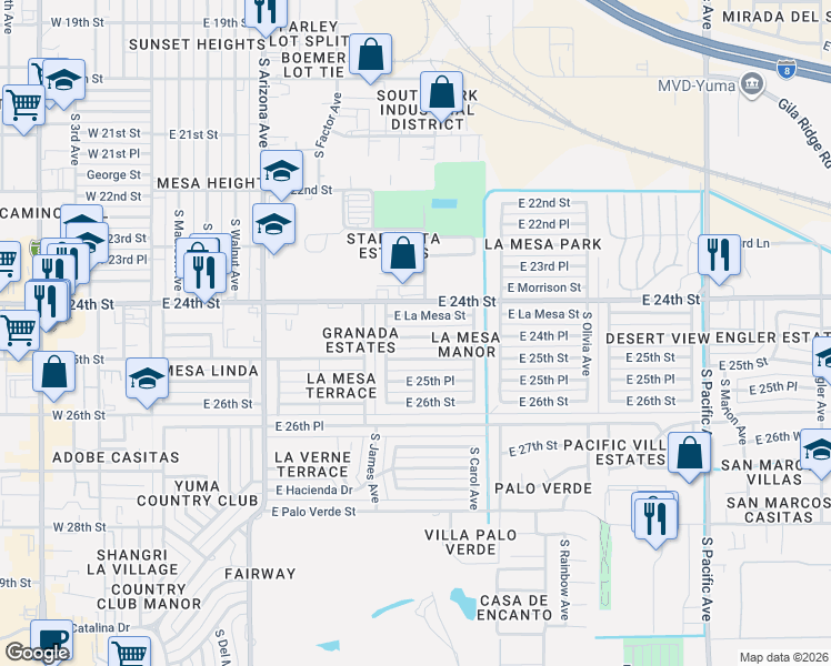 map of restaurants, bars, coffee shops, grocery stores, and more near 907-909 East La Mesa Street in Yuma