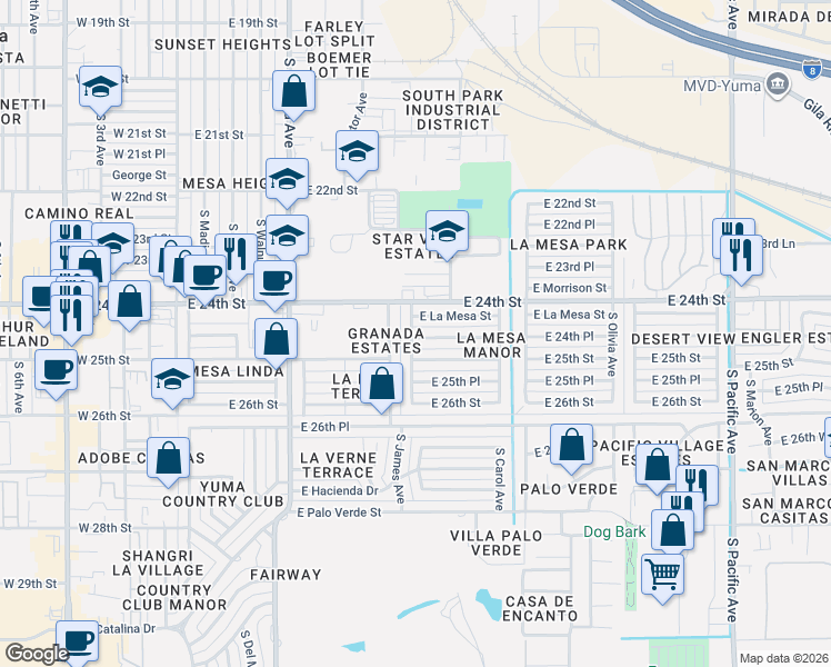 map of restaurants, bars, coffee shops, grocery stores, and more near 907-909 East La Mesa Street in Yuma