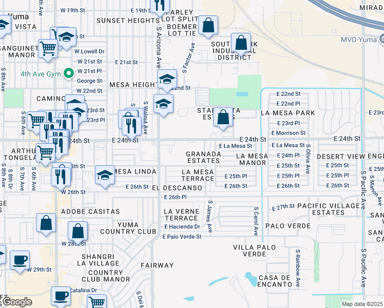 map of restaurants, bars, coffee shops, grocery stores, and more near 721 East 24th Street in Yuma