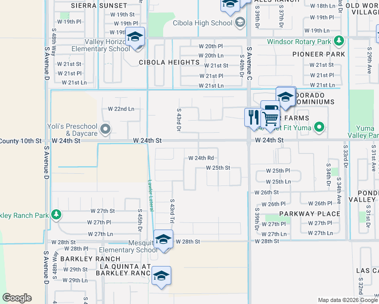 map of restaurants, bars, coffee shops, grocery stores, and more near 4269-4499 West 24th Street in Yuma