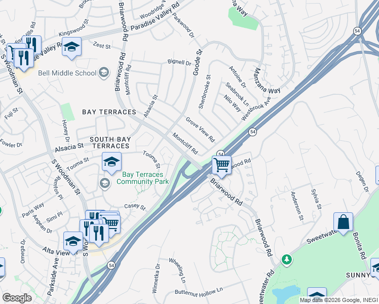 map of restaurants, bars, coffee shops, grocery stores, and more near 2393 Montcliff Road in San Diego