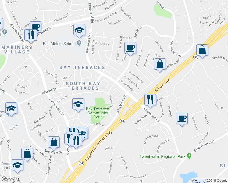map of restaurants, bars, coffee shops, grocery stores, and more near 2360-2386 Briarwood Road in San Diego